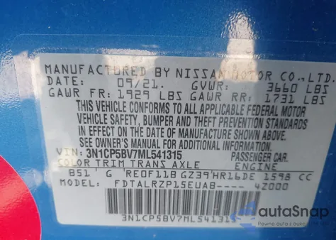 2021 Nissan Kicks S Xtronic Cvt z USA, uszkodzony, nr VIN 3N1CP5BV7ML541315